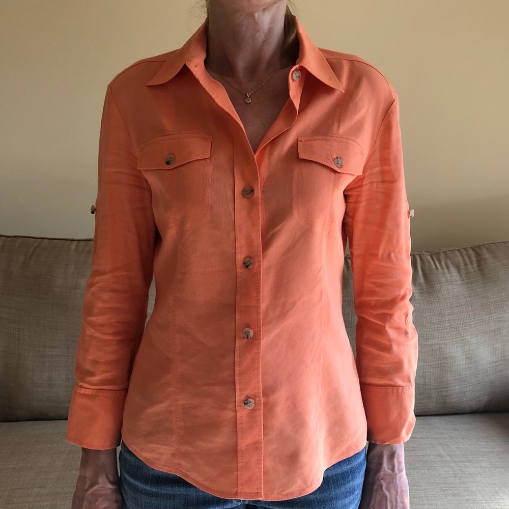 Theory Linen Orange Buttondown Top